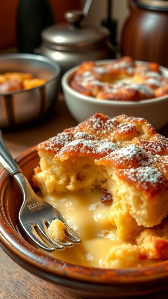 A bowl of golden brown bread pudding dusted with powdered sugar, served in a rustic kitchen.